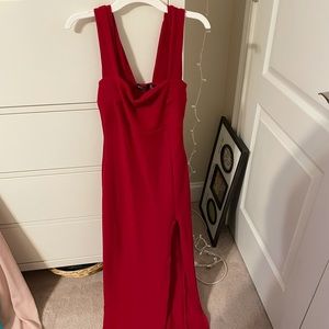 Square neck, floor length red dress.